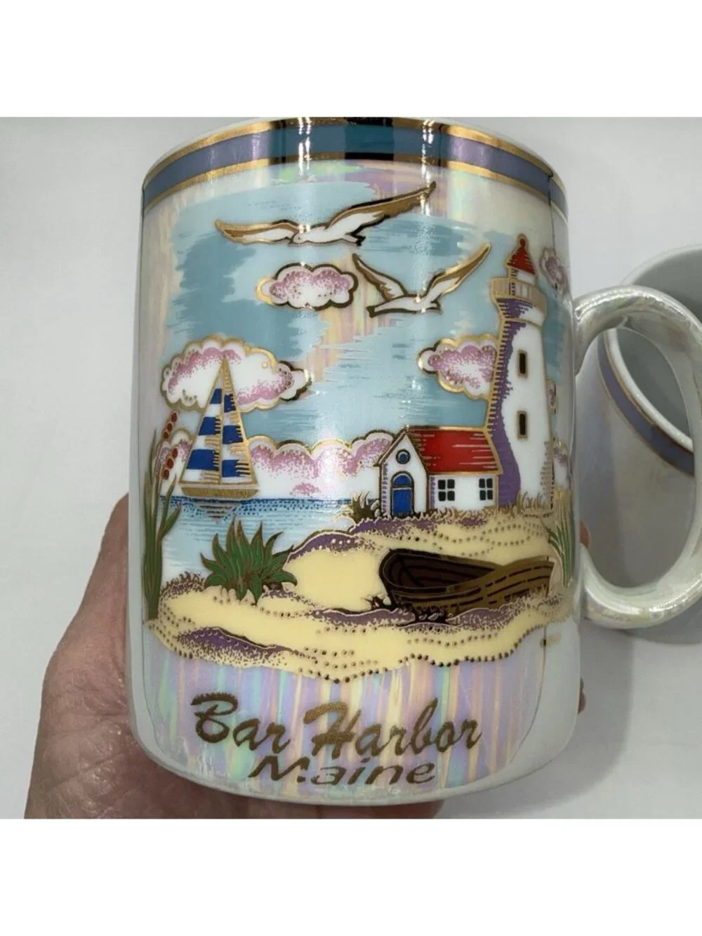 Bar Harbor Maine Souvenir Mug Pair Iridescent &Gold Trim Coffee Coastal Scene